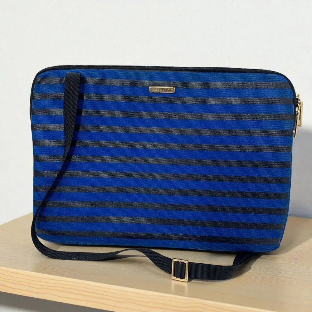 Rebecca Minkoff Blue & Black Striped Laptop Case With Shoulder Strap 14.5x11x1